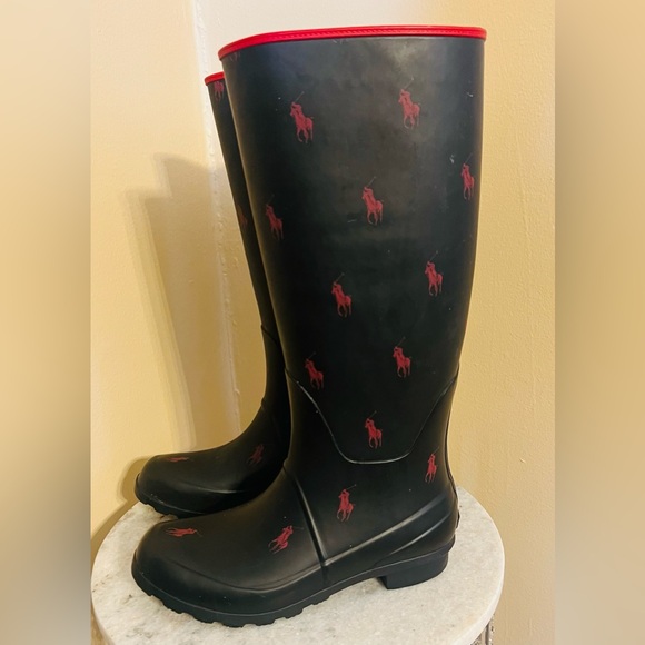 Ralph Lauren Polo Tall Rain Boots Navy Pink Logo Size 8 - Picture 2 of 3